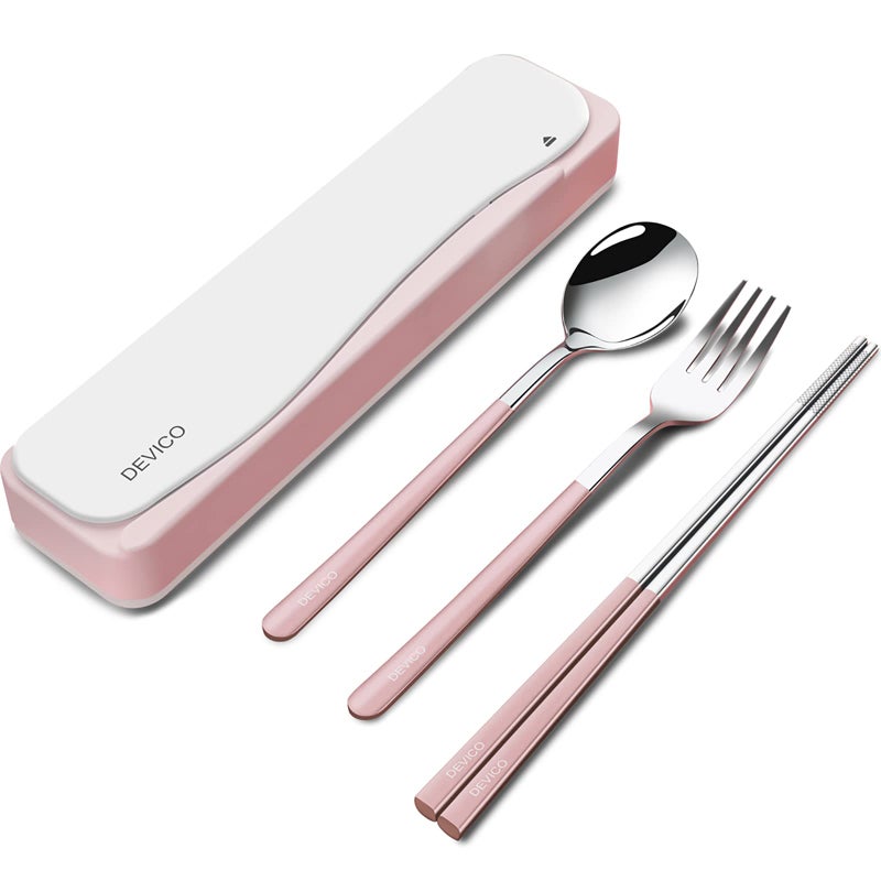 DEVICO Travel Utensils, 18/8 Stainless Steel 4pcs Cutlery Set Portable Camp Reusable Flatware Silverware, Include Fork Spoon Chopsticks with Case (Pink) - Image 1